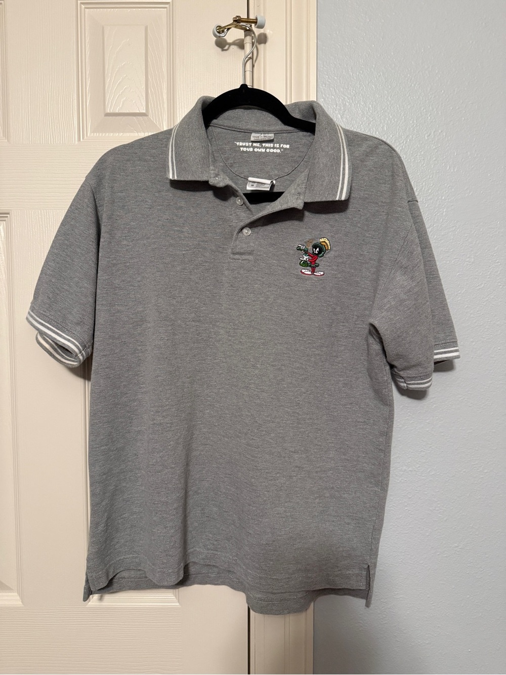Vintage MARVIN THE MARTIAN Chemist Gray Mens Short Sleeve Polo Shirt Size M 1999